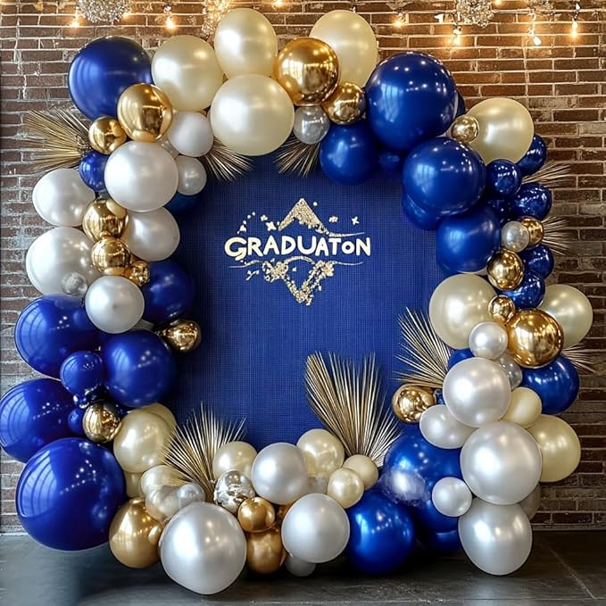Royal Blue and Gold Balloon Garland - Double Stuffed Pearl Sand White Blue Gold Balloons Arch Kit for Birthday Graduation Anniversary Bachelor Wedding Baby Shower Party Decoration