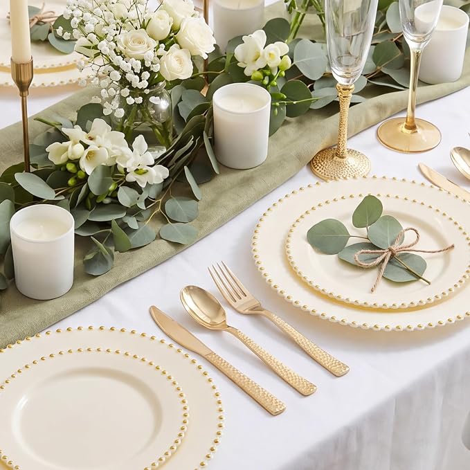 Supernal 180pcs Gold Plastic Silverware Set, Heavy Duty Disposable Cutlery for 60 Guests，Hammered Gold Utensils with 60 Forks, 60 Spoons, 60 Knives for Wedding, Party & Catering
