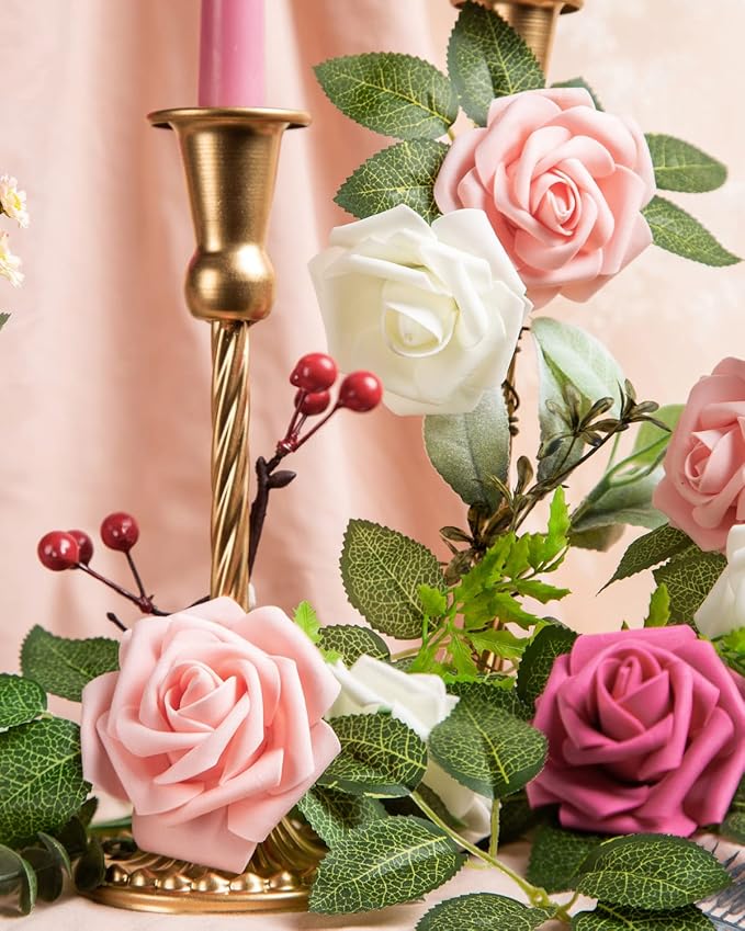 DuHouse 25Pcs Artificial Roses Flowers Fake Roses with Stems Real Touch Foam Flowers for DIY Wedding Bouquet Centerpiece Floral Arrangement Party Home Decor(Peach)