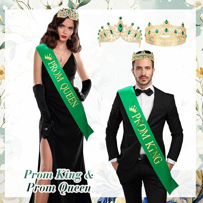 Ferreve 4 Pcs Prom King and Queen Crowns and Sashes Set Graduation Prom King and Queen Tiara Sash for 80's Prom Party Favors(Green)