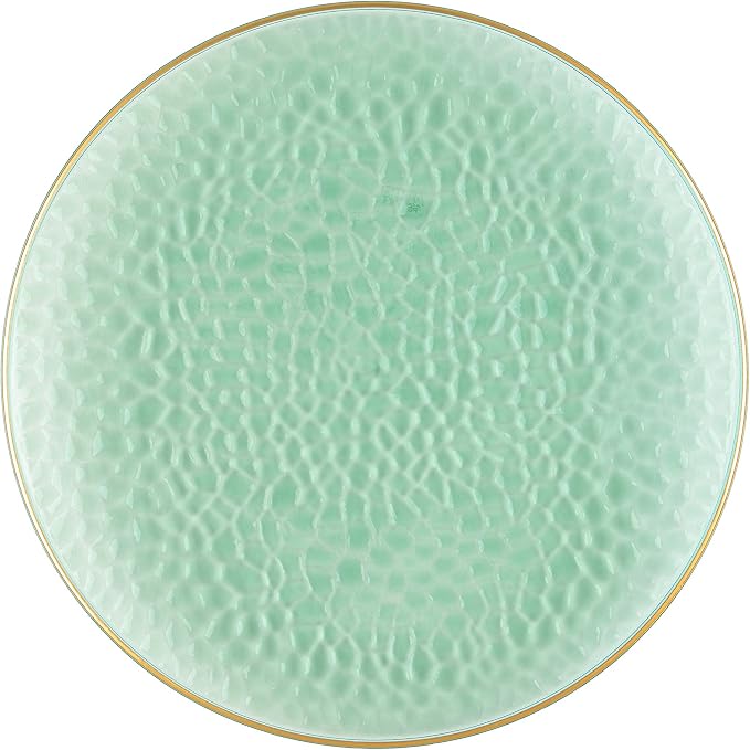 PLASTICPRO 30 Pack Hammered Plastic Plates Heavyweight Disposable Plastic Plates Elegant Clear Hammered Rim Platsic Party Dishes (Hamered Green With Gold Rim, 10'' INCH PLATES)