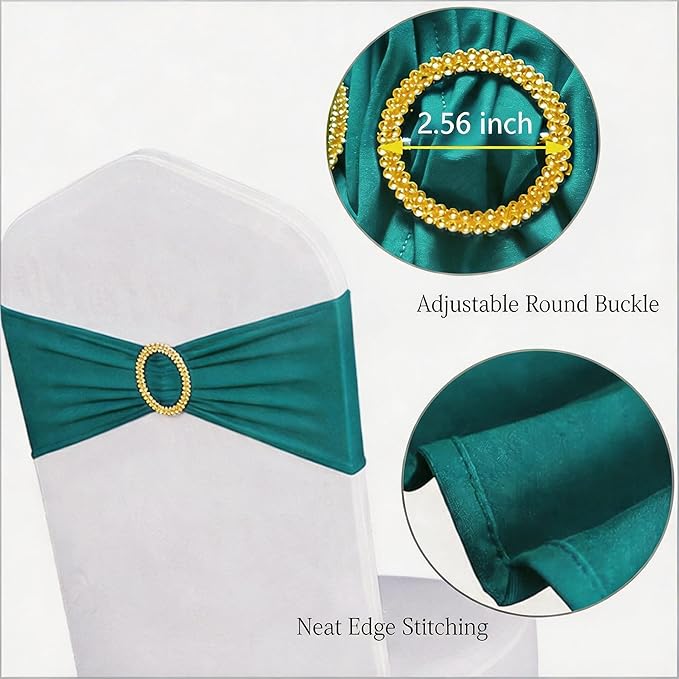 Pack of 50 Spandex Teal Chair Sashes with Gold Buckles, Stretch Chairs Sashes for Wedding Party Baby Shower Ceremony Event Decorations Chair Bands Bows (Teal Sashes, Gold Buckles)