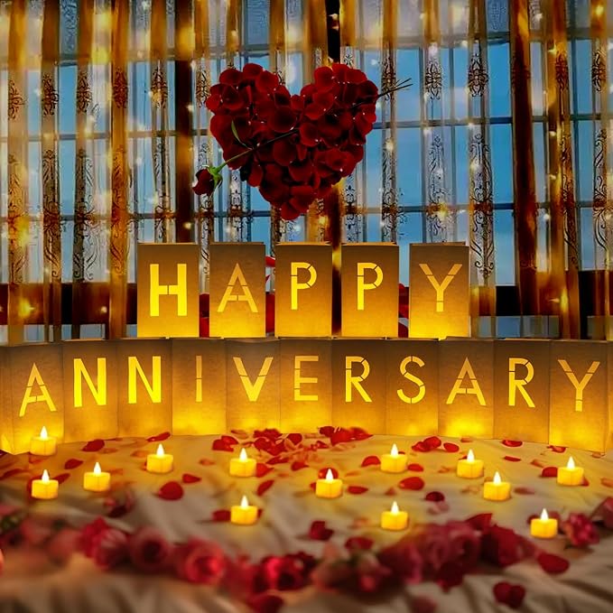Happy Anniversary Decoration, Light Up Letters Luminaries Signs with Flameless Candles and Fake Rose Petals, Anniversary Romantic Party Decor