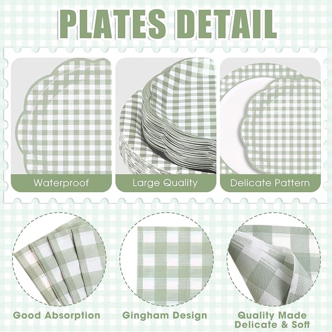 Funnymoom 250 Pcs Sage Green Gingham Paper Plates and Napkins Party Supplies Green and White Checkered Disposable Plaid Tableware Set for Wedding Bridal Shower Farmer Market Picnic Party Decorations
