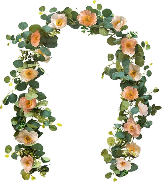 5.74 FT Artificial Poppies Flower Garland, Floral Garland Greenery Vines with Eucalyptus Hanging Flowers Vines for Home Wedding Mantle Table Outdoor Decor (Coral)