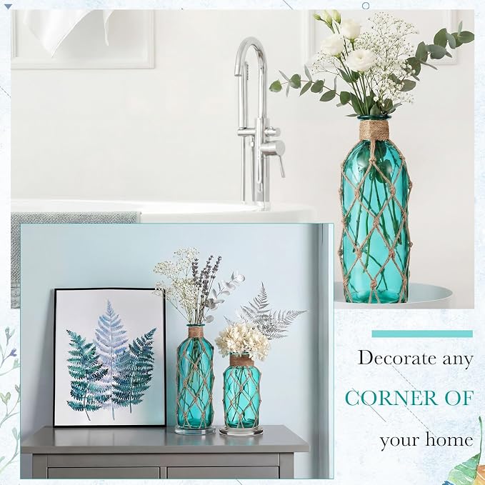 Chuangdi Set of 2 Coastal Glass Vases for Flowers TSITP Flower Vase with Boho Rope Small Sea Glass Jar Nautical Beach Bottle for Wedding Table Centerpieces Floral Arrangement Decor(Blue Green)