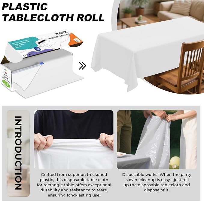 54IN X 160FT Plastic Table Cover Roll with Cutter Box, Cut to Size Plastic Table Cloths for Parties, Birthday, Disposable Tablecloth Roll for All Shape Tables (White, 54 Inch X 160 Feet)