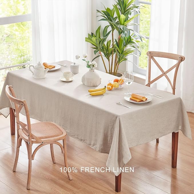 TOSMO 100% French Linen Tablecloth, Washable Farmhouse Rectangle Table Cloth for Kitchen, Dining, Party, Cocktail, Indoor and Outdoor Daily Use(60''x120'',Natural Linen)