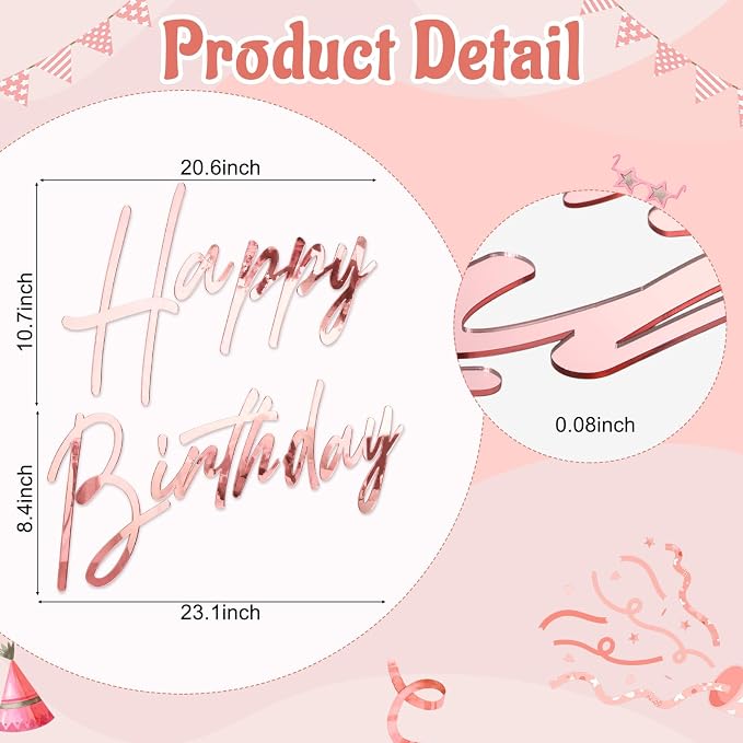 Yousoontic Happy Birthday Sign for Backdrop Large Happy Birthday Sticker Letter Acrylic Mirror Decal for Balloon Arch Wall Kpop Party, Peel Off Acrylic Film(23 x 20 Inches,Classic,Rose Gold)