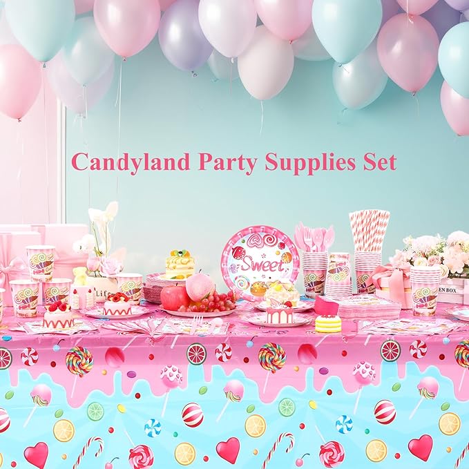 Funnymoom 452 Pcs Candyland Party Decorations Include Candy Paper Plates Napkins Cups Tablecloth Cutlery Straws Candy Birthday Dinnerware Disposable for Birthday Baby Shower Party Supplies