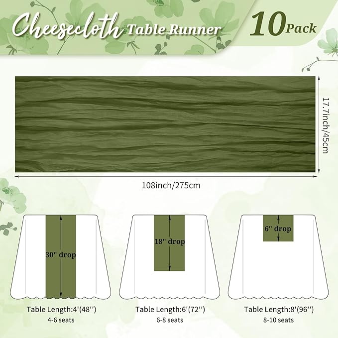 10 Pack Cheesecloth Table Runner Olive Green, Rustic Boho Gauze Fabric Table Runner Romantic Table Runner for Wedding, Festival, Birthday, Anniversary, Dinner and Outdoor Events (17.7 x 108 inch)