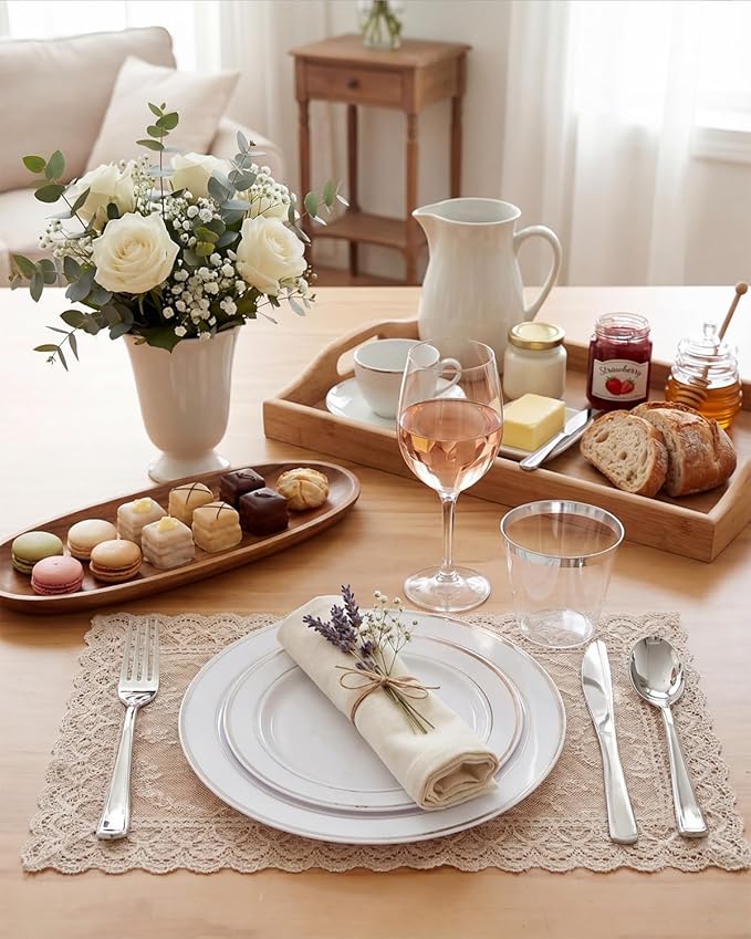 bUCLA 150-Piece Silver Disposable Dinnerware Set - White Plastic Plates with Silver Rim - Include 25 Dinner Plates, 25 Dessert Plates, 25 Forks, 25 Knives, 25 Spoons & 25 Cups for Party & Christmas