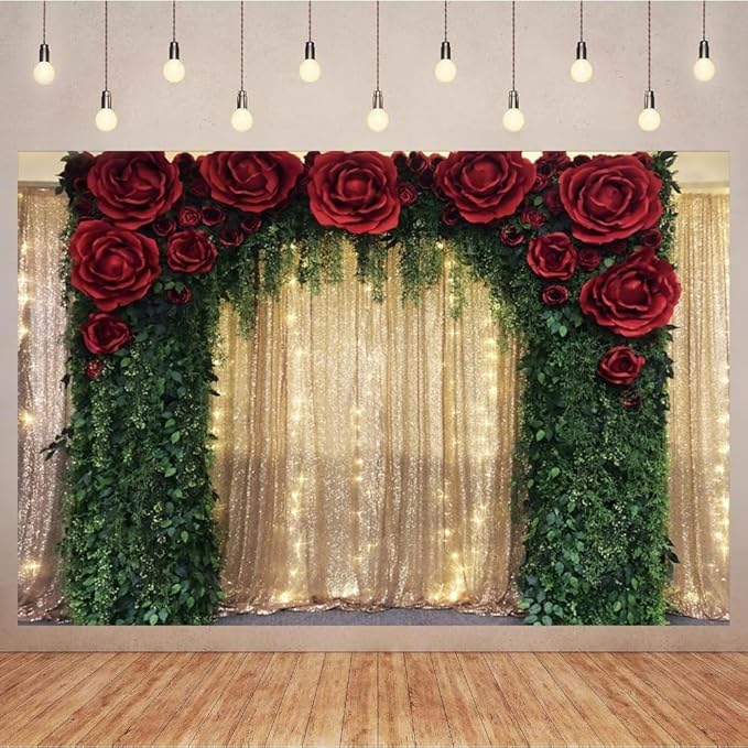 10x8ft Golden Glitter Backdrop for Photography Red Rose Green Leaves Arch Gold Sequin Photography Background for Wedding Anniversary Engagement Party Decoration Supplies Portrait Photo Booth Props