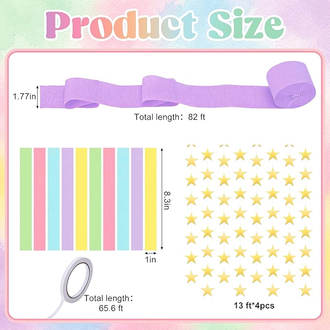 700 Sheet Macaron Paper Chain Strips and Star Garland Set, Pastel Paper Chains and 52 ft Gold Star Decor with 492 ft Crepe Paper Streamer for DIY Colorful Craft Birthday Wedding Theme Party