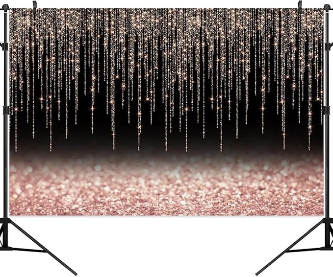 10x7ft Rose Gold Black Glitter Backdrop Rose Gold Pink Black Bokeh Sparkle Sequin Birthday Party Background for Women Girls Graduation Anniversary Baby Shower Banner Kids Portraits Props