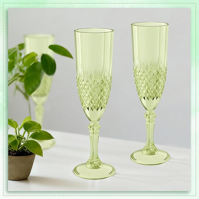 Plastic Champagne Flutes, Champagne Glasses Bulk, Reusable Unbreakable Acrylic Wine Glasses Goblets for Weddings Bachelor Parties Toasting Bridal Shower (24, Green)