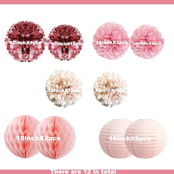 Blush Chrome Pink Hanging Decorations – Tissue paper Flower Pom Poms and Lantern for Birthday Wedding Baby Shower Bachelorette Party Decor(Chrome Pink + Pastel Pink + Pink Heather)