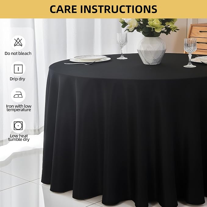 2-Pack Round 108-inch Black Table Cloths, Solid Stain and Wrinkle Resistant Circular Tablecloth, Premium Plain Weave Polyester Fabric Table Linen Covers for Hotel, Banquet