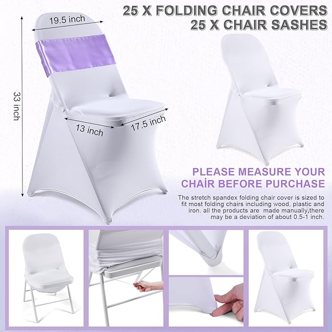 Lounsweer 50 Pcs Folding Chair Cover Set with 25 Stretch Spandex Slipcovers 25 Satin Chair Sashes Bows Ribbon Washable Banquet Protector for Wedding Event Party(White, Lavender)