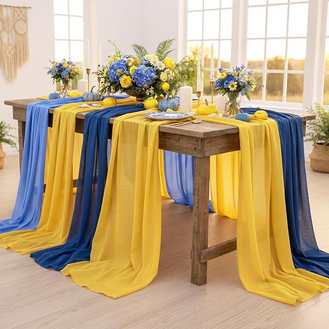 Boao 6 Pcs Amalfi Coast Blue Yellow Lemon Party Decorations Table Runner Cloth 10Ft Boho Sheer Rustic Fabric for Wedding Birthday Party Baby Bridal Shower Graduation Dawn Sunset Decor