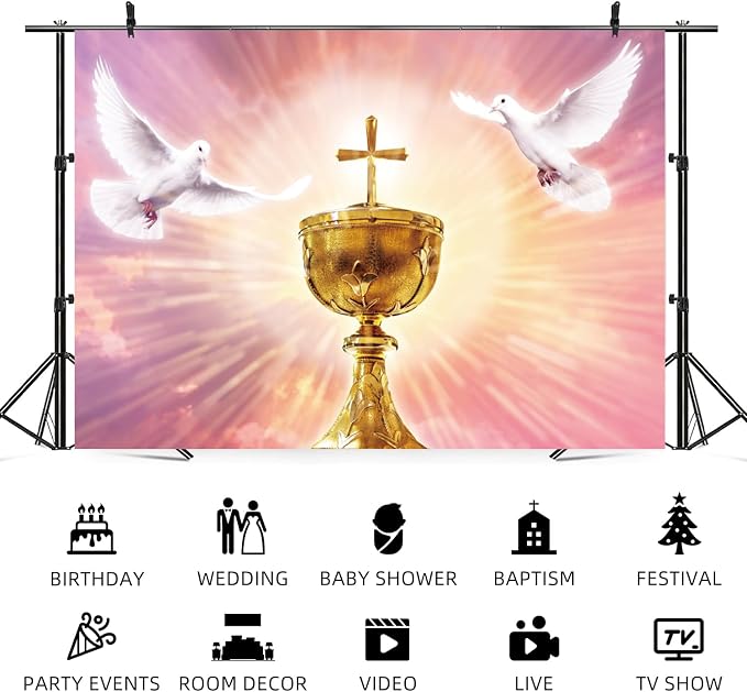 5x4ft Cross Backdrop Peace Dove Gold Chalice Photography Background Jesus Christ Easter Holy Spirit Bird Heaven Banner Decorations School Church Party Event Portrait Photo Booth Prop