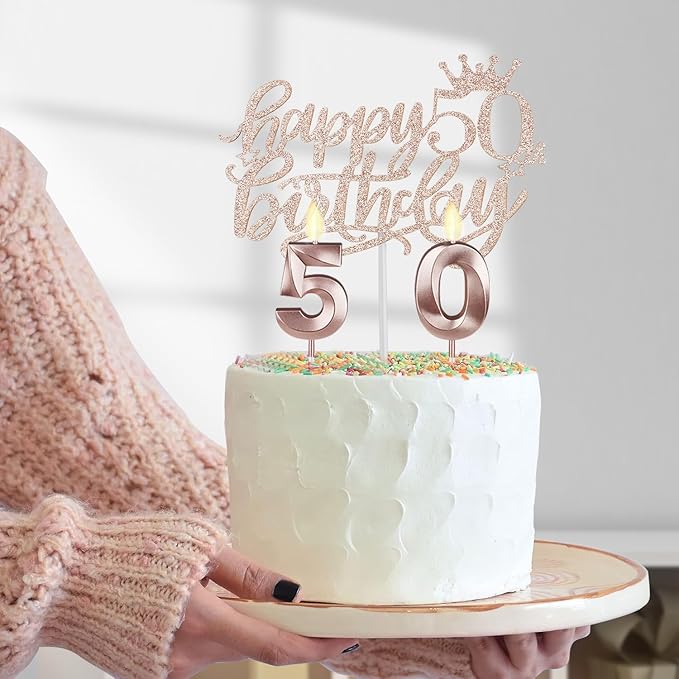 50th Birthday Decorations for Women with 12oz Tumbler/Mug Wine or Coffee, 50th Birthday Sash and Crown, Cake Topper and Candles, 50 Year Old Gifts Idea Rose Gold