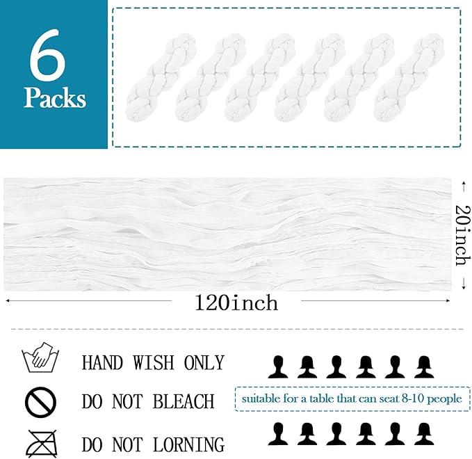 6 Pack White Cheesecloth Table Runner 20 x 120 inch Gauze Table Runners 10 FT Long,Semi Sheer Boho Cheese Cloth Fabric Table Runner Bulk for Wedding,Party,Baby Shower,Bridal Shower Decoration