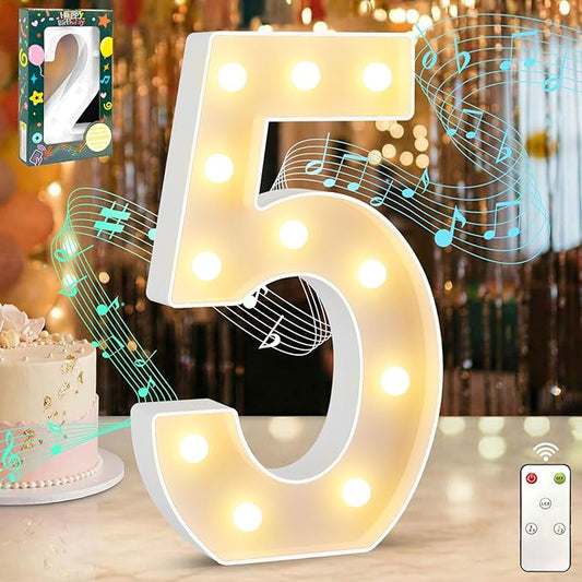 12.6 Inch LED Marquee Light Up Numbers with Happy Birthday Music, Remote Birthday Number Lights as Gifts for Girls Women Men, Lighted Marquee Numbers for Table Party Decorations, Number 5