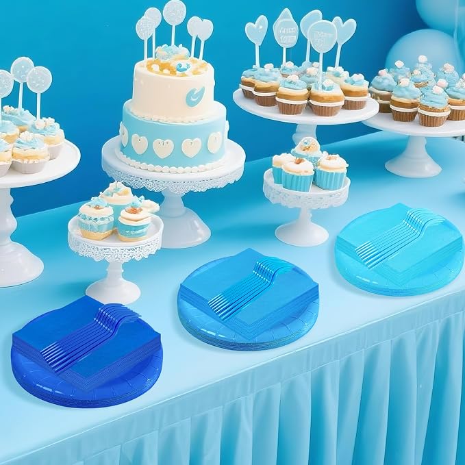 Serves 35 Guests Dusty Blue Plates and Napkins Party Supplies,7" Gradient Blue Birthday Dessert Paper Plates and Napkins,Disposable Party Dinnerware for Wedding,Graduation