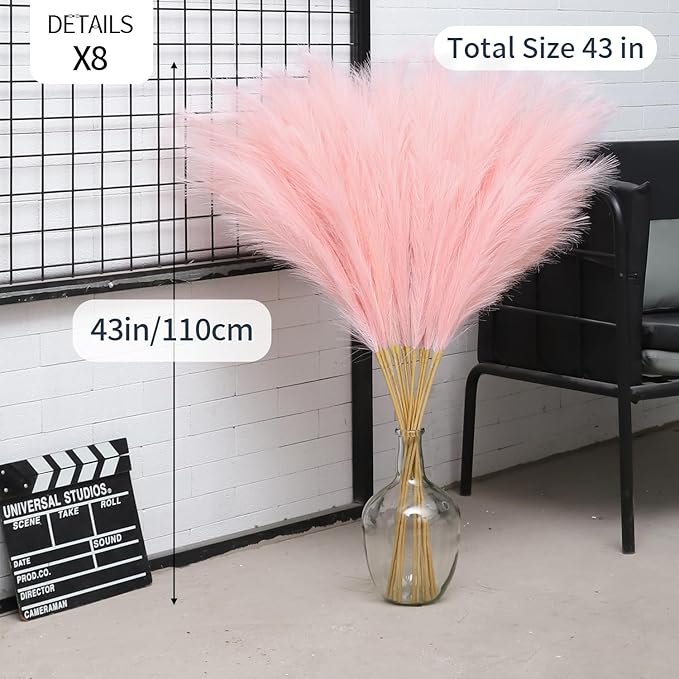 43" Pink Pampas Grass Decor - 8pc Tall Faux Fluffy Pampas Grass for Wedding, Boho, Home, Baby Shower, Mother's Day Decor