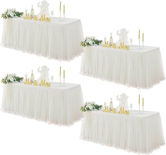 familus Ivory Table Cloths 6 Foot Rectangle 4 Pack Stretch Ruffle Tulle Tablecloth Spandex Fitted Table Cover for 6 Foot Tulle Table Skirts for Party Wedding Table Cloths, Banquets