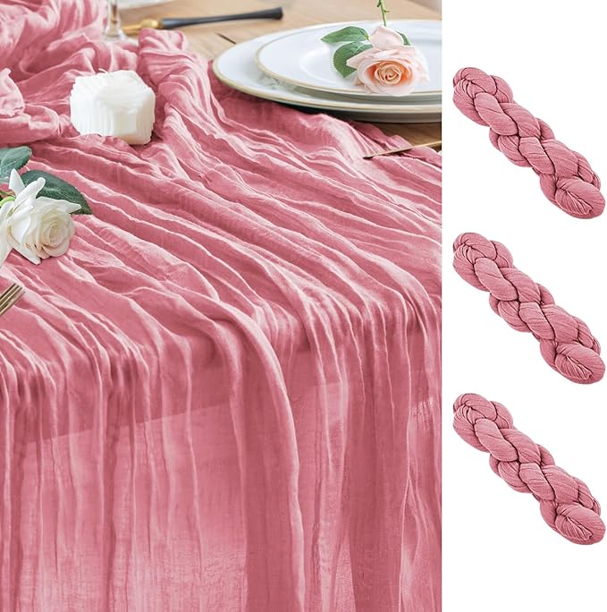 Wokceer Cheesecloth Table Runner 3Pack 10FT Dusty Rose Boho Gauze Cheese Cloth Table Runner for Party Long Rustic Sheer Table Runners for Baby Bridal Shower Wedding Easter Table Decor