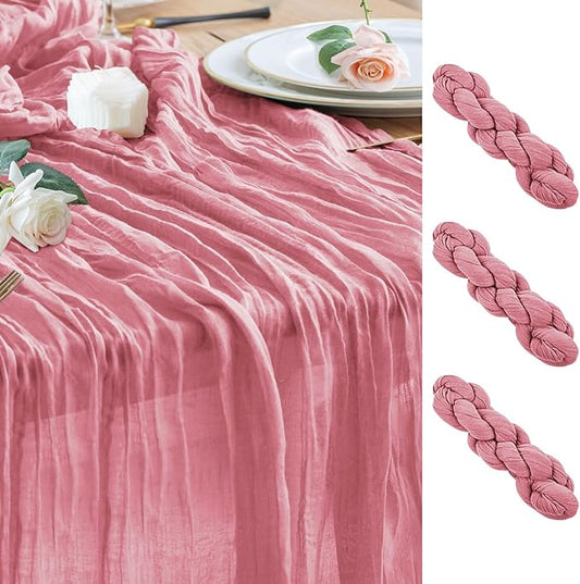 Wokceer Cheesecloth Table Runner 3Pack 10FT Dusty Rose Boho Gauze Cheese Cloth Table Runner for Party Long Rustic Sheer Table Runners for Baby Bridal Shower Wedding Easter Table Decor