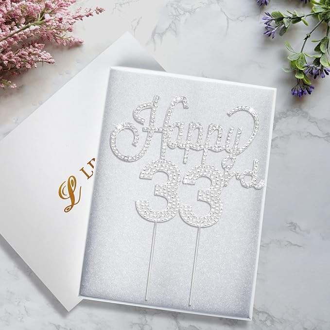 LINGTEER Happy 33rd Birthday Silver Rhinestone Cake Topper - Cheers to 33rd Birthday 33 Years Old Anniversary Party Cake Centerpieces Topper Decorations Gift Sign.