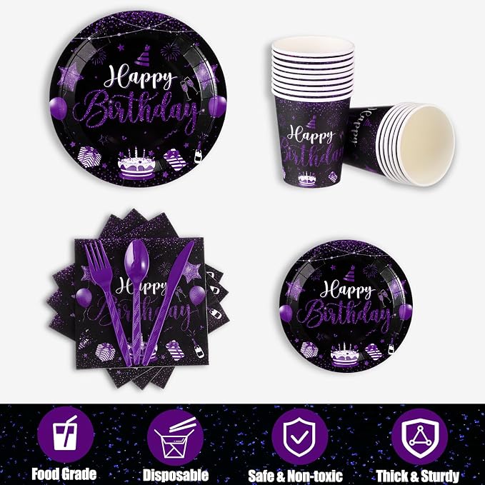 Vesici 171 Pcs Happy Birthday Party Supplies 24 Set Disposable Party Tableware include Plates Cups Napkins Cutlery and Banner Tablecloth Birthday Dinner Decorations for Men Woman(Black, Purple)