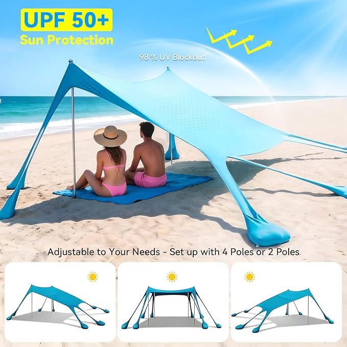 Purebox Beach Tent Sun Shelter - 10x10FT Beach Shade Canopy UPF50+ Protection Easy Setup, with 8 Sandbags, 4 Stability Poles, Sand Shovel, Ground Spikes, Outdoor Shade for Sand, Camping, Fishing