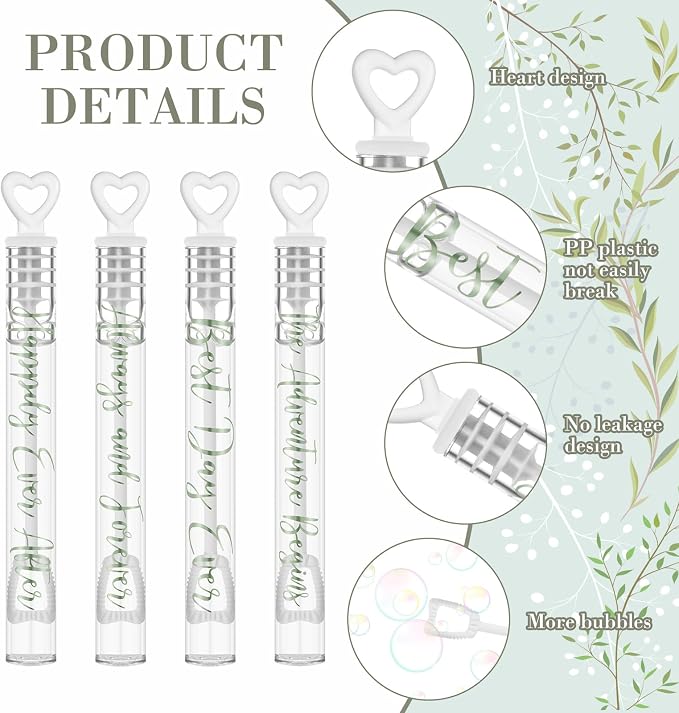 Hollowfly 120 Pack Sage Green Wedding Mini Bubble Wands for a Wedding Bulk White Heart Bubble for Guests Send Off Wand Adults Bridal Exit Shower Party Supplies Valentine Anniversaries Celebration