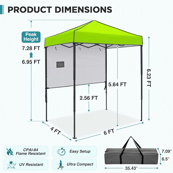 EAGLE PEAK 6x4 Instant Pop Up Canopy Tent with 1 Half Wall Panel, Straight Leg Sun Shelter, Portable Canopy with Carry Bag for Camping, Beach & Sports, Neon Green