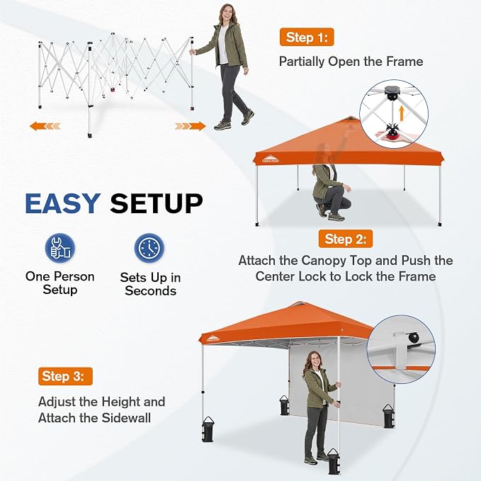 EAGLE PEAK Commercial Canopy 10x10 Pop Up Canopy Tent with 1 Sidewall, Easy Setup Heavy Duty Instant Event Shelter for Vendors & Markets, Outdoor Sun Shade, Orange