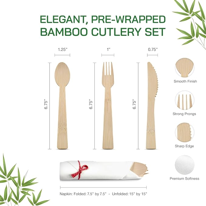 Prerolled Disposable Bamboo Cutlery Set – 25 Pack Pre Wrapped Silverware and Napkin Bundle with Forks, Knives, Spoons for Parties, Weddings, Events, and BBQ (Red String)
