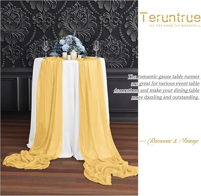 24 Packs Gold Cheesecloth Table Runner,10ft Gold Yellow Rustic Gauze Boho Wedding Table Runner Decoration, Wedding Table Decor Sheer Table Runner for Wedding Party Bridal Shower Table