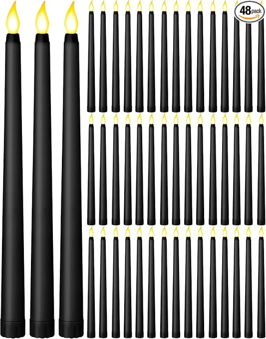 Funtery 48 Pcs Flameless LED Taper Candles Battery Operated Candles Bulk Realistic LED Candlesticks Flickering for Wedding Church Party Home Decor(Black,11 Inch,Classic Style)