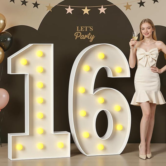 Mixifox 16 Light up Numbers 4 Feet Tall, 16 Marquee Numbers for Party, Sweet 16 Birthday Decorations, Big 16 Sign with Light for Anniversary, Birthday Backdrop Decor