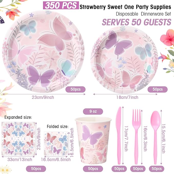 Ziliny 350 Pcs Butterfly Party Supplies Tableware Set Disposable 9'' 7'' Paper Plates 9 oz Cups Cutlery Napkins Dinnerware Set for 1st Birthday, Serve 50 (Butterfly, Purple, Pink)