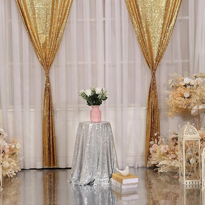 Poise3EHome Gold Sequin Backdrop Curtain, 2 Panels 2Ft x 8Ft Glitter Photography Background for Party Baby Shower Wedding Birthday Christmas Thanksgiving Halloween Decoration