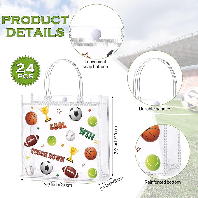 Hosuly 24 Pcs Sport Party Favor Bags with Handles, Clear PVC Football Goodie Treat Gift Bags Basketball Football Baseball Printed for 2026 Sport Birthday Party Favors Supplies 7.9 x 7.9 x 3.1 Inch