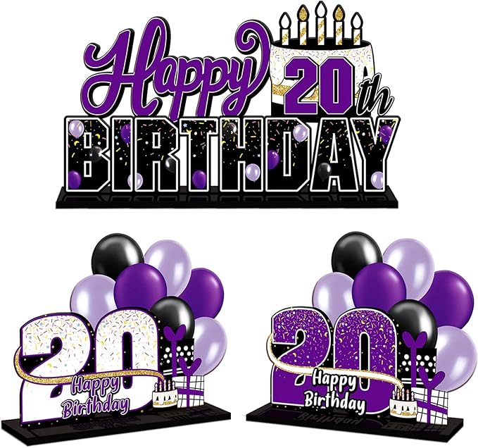LINGTEER Happy 20th Birthday Purple Acrylic Table Topper Centerpieces Set - Cheers to Twenty Years Old Birthday 20th Bday Party Gift Decorations.