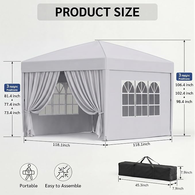 KIGOTY 10x10 FT Portable Pop Up Canopy Tent, Adjustable Height Instant Gazebo with Sidewalls, One-Push Setup Outdoor Canopy for Camping, Parties, Vendor Events (White, 3m × 3m)