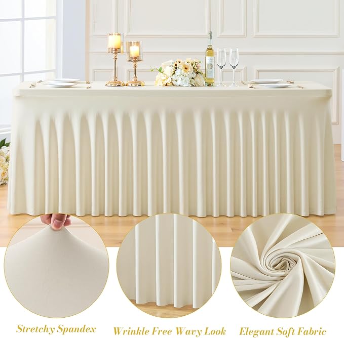 4 Pack Beige Table Cloth for 8 Foot Rectangle Tables Spandex Fitted Tablecloth 8ft Stretch Table Covers Skirt Beige Banquet Tablecloths Wrinkle Free Tablecloth for Party Wedding Birthday Event