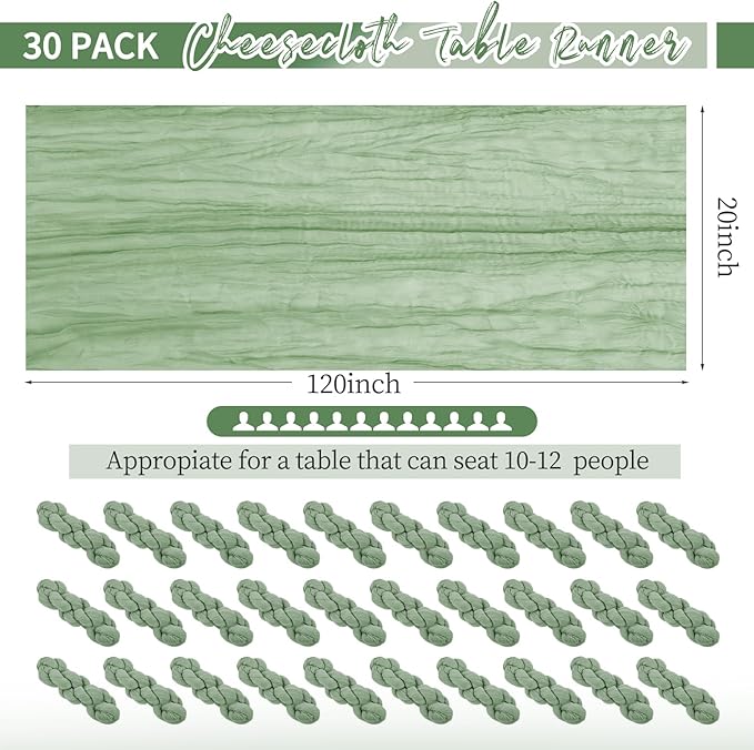 30 Pack Sage Green Table Runner 10Ft Cheesecloth Table Runner Boho Gauze Table Runners Romantic Long Cheese Cloth Sheer Fabric Table Runners for Wedding Party Bridal Shower
